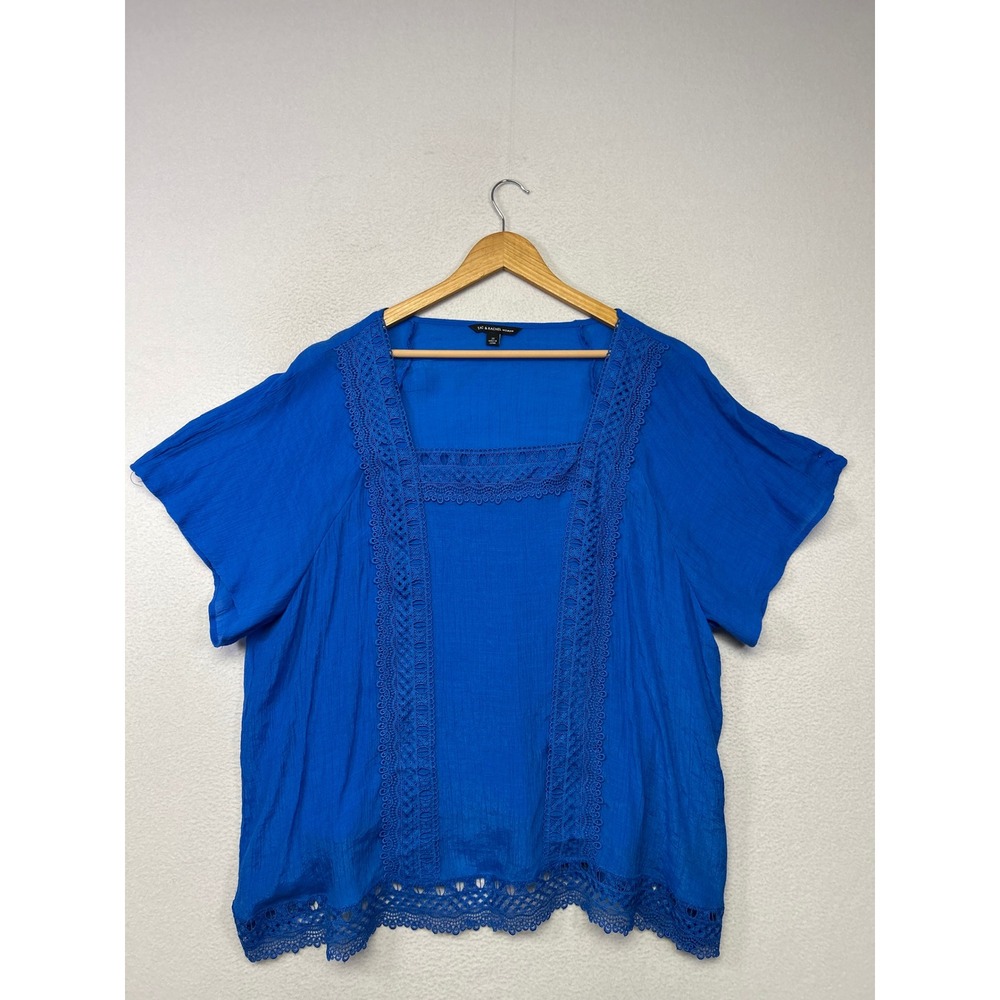 Boho Cottagecore Zac & Rachel Woman 3X Blue Crochet Lace Trim Square Neck Blouse